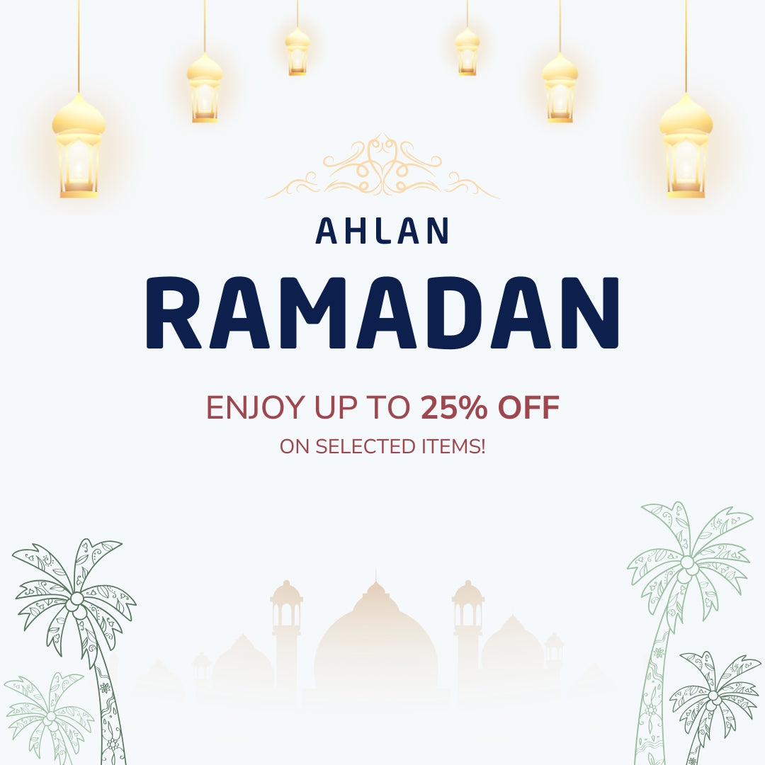 The image promotes a Ramadan sale, offering up to 25% off selected items. It features hanging lanterns and palm trees with mosque silhouettes in the background, creating a festive, warm atmosphere.